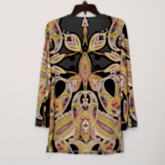 PASSPORTS Asian Design Jersey Tunic w Silver Chains; Black/Lime/Fuchsia; Size S - Picture 3 of 5